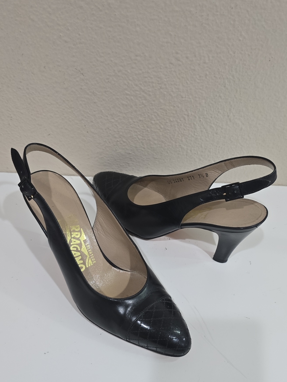 Salvatore Ferragamo Black Quilted Pointed Slingback Heels